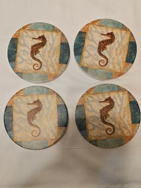 Brand New Seahorse Coastal Round Thirsty Coasters - Set of 4